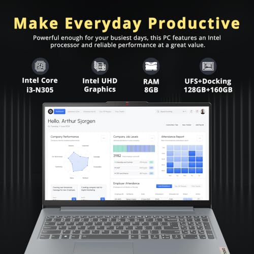 Image of Lenovo IdeaPad Slim 3 15.6 inch FHD Anti-Glare Business Laptop, Intel Core i3-N305, 8GB LPDDR5 RAM, 288GB Storage(128GB UFS+160GB Docking Station), Intel UHD Graphics, WiFi 6, Win 11 Pro, Gray