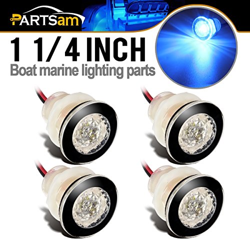 Partsam 4Pcs 1-1 4 Livewell Blue Outdoor Path Garden Yard Stair LED Deck Step Lights Clear Lens, Mini Round Led Boat Lights 12V Interior Exterior Under Water IP68