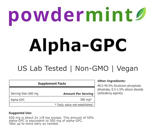 Powdermint Alpha-Gpc Powder 50 Grams - Choline, Non-Gmo, Vegan, Third Party Us Lab Tested - Support Memory And Focus - Scoop Included #TOP1