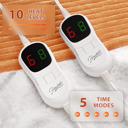 Image of Homemate Electric Heated Blanket King Size - 100 inchx90 inch Heating Blanket King Size Dual Control 1 /2 /4 /6 /8 Hours Auto-Off 10 Heat Level Over-Heat Protection Soft Flannel Sherpa ETL Certification