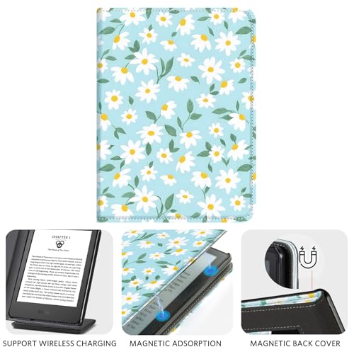 Image of CoBak Case for 6 inch E-Reader - PU Leather Smart Cover with Auto Sleep /Wake & Hand Strap, not Compatible with Kobo Clara,Blue Daisy