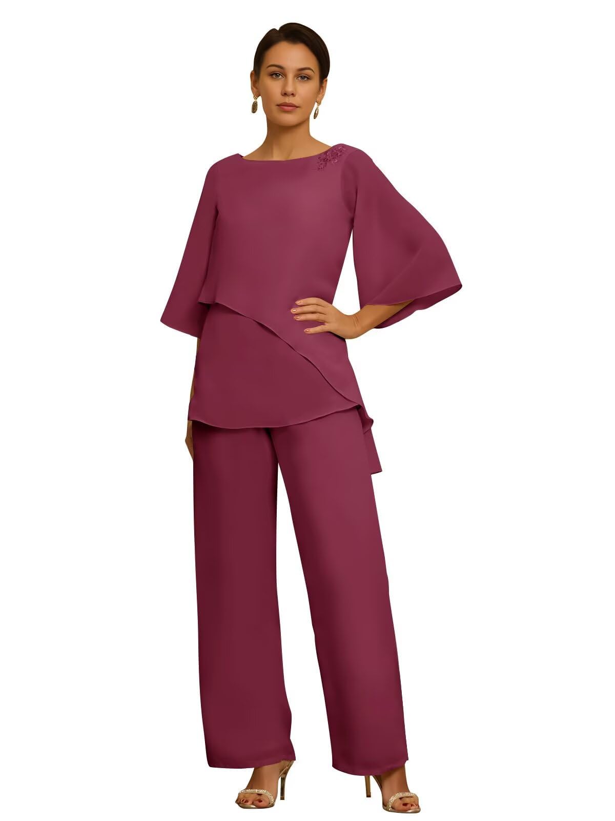 2 Pieces Tiered Chiffon Mother of The Bride Pant Suits for Wedding Guest - Asymmetric Beaded Formal Party