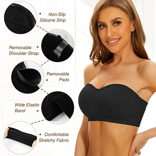 Image of DOCUMO Women Strapless Bra Padded Bandeau Bra Non-Slip Silicone Tube Top Bra (Black, Small)