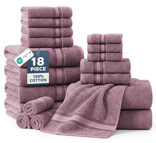 Image of Lane Linen 100% Cotton Luxury Bath Towel Set - 18 Pieces - Zero Twist, Quick Dry, Highly Soft & Absorbent - 6 Bath, 6 Washcloths, 6 Hand Towels for Bathroom - Sustainably Produced - Wishful Mauve