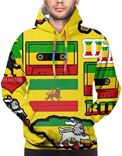 Men’s Rasta Lion Jamaican Reggae Flag Map Magnetic Tape Sweate with Pocket Casual Pullover Shirts Top, Winter Spring Autumn Lightweight Running Sweatshirt