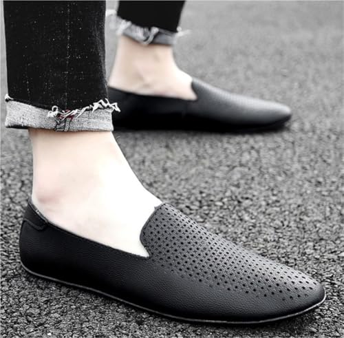 Mens Leather Loafers Slip On Pointed Toe Perforated Breathable Rubber Sole Comfortable Outdoor Dress Shoes3