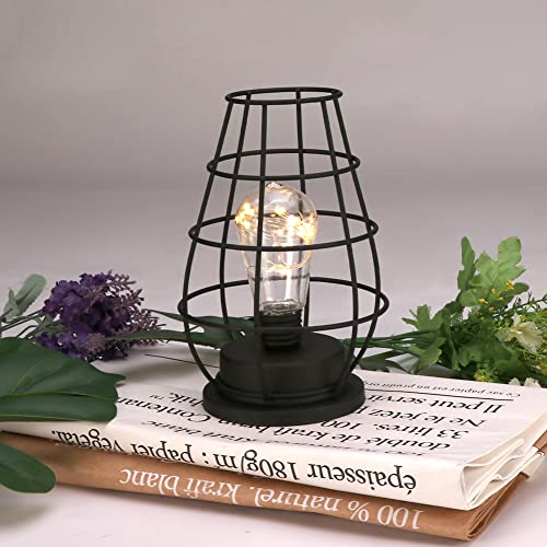 Iron Night Light,Vintage Table Lamp, Black Retro Industrial Iron Metal Wire Basket Cage Style Light Shade Desktop Light For Bedside Desk Modern Decor #TOP6