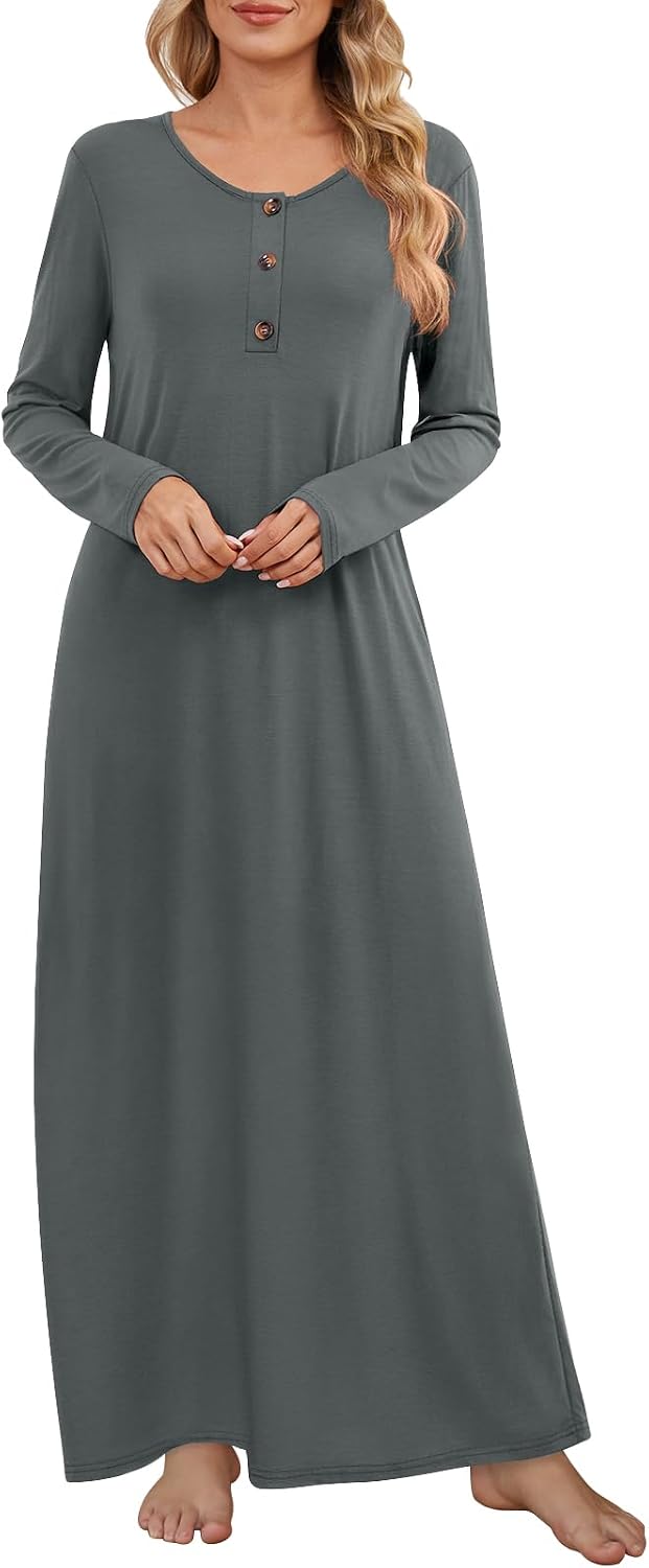 DouBCQ Nightgowns for Women Long Sleeve Button House Dress Soft Sleepwear