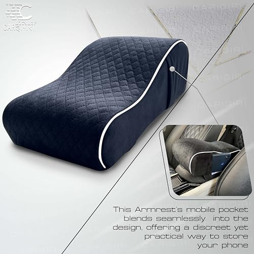 Image of Carigiri ComfiRest Car Armrest Cushion| Memory Foam Arm Cushion| Universal for All Cars| Armrest Support Extender| Height Armrest Pad(White Seam,Breathable Velvet,Dual Mobile Pocket)