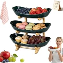 3 Tier Countertop Fruit Basket Organizer, Oval Fruit Basket with Bamboo Stand, Tiered Fruit Bowl for Kitchen Countertop, Space-Saving Organizer Green-3 Tier