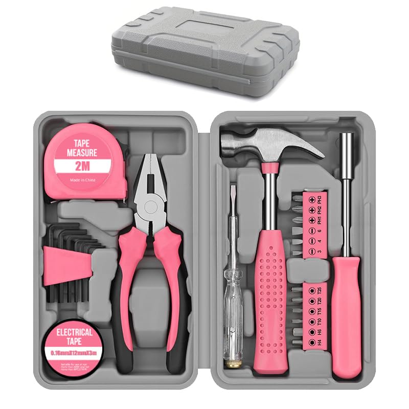 LIRFIX 24Pcs Pink Home Repair Tool Kit for Women - Compact Mini Starter Hardware Set with Hammer Pliers Screwdrivers - Portable Household Hand Tools Ideal Christmas & New Year Gift for Ladies