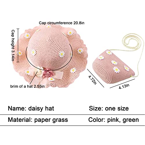 Toddler Baby Girls Kids Wide Brim Straw Sun Hat With Shoulder Bag Large Brim Flower Beach Summer Hat Straw Purse Beach Bag Cute Flower Summer Beach Cap (Pink) #TOP5