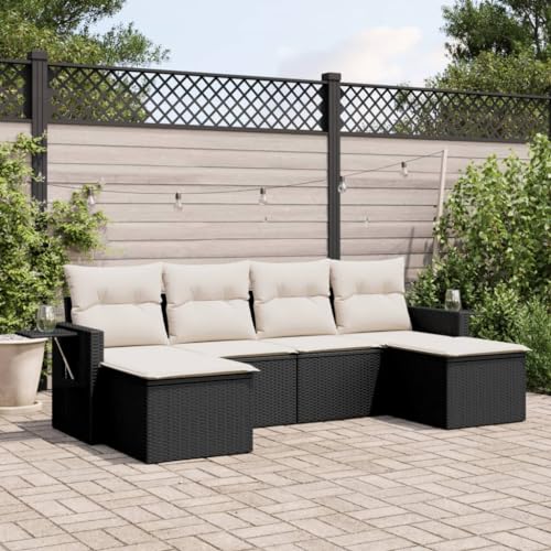 Homgoday Set de sofás de jardín 6 Piezas y Cojines ratán sintético Negro Sofá de jardín Muebles Chill out Sofas Sofa Exterior terraza Negro y Crema Sin Mesa
