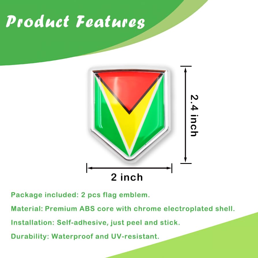 Image of Newperlite Guyana Flag Decal Sticker Car Emblem Guyanese Flag Car Decoration Accessories Chrome Shield for Truck Vehicles Cars, 2 Pack