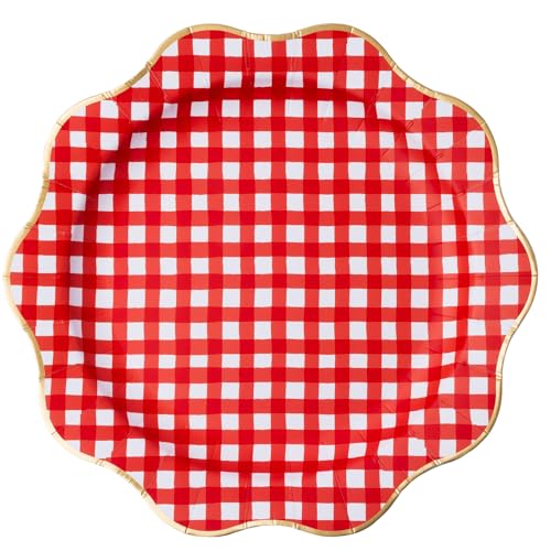 Bonjour Fte Elegant Cherry Red Gingham Paper Party Dinner Plates | Premium Party Supplies | Perfect for Christmas 4th of July Valentines Day & Special Occasions | Pack of 8 11 D