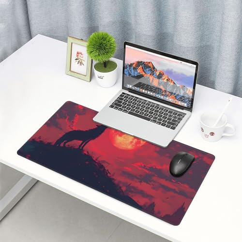 Image of Wolf Animal Red Moon Extended Gaming Mouse Pad, with Stitched Edges Large Mouse Pad Desk Protector, Rubber Base Mousepad Keyboard Mouses Mat for Work Game Office Home- 32 inch X 12 inch Inch