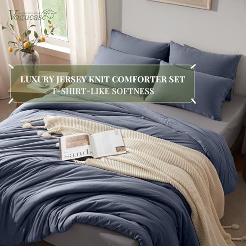 Image of Full Size Comforter Set, Comforters Full Size Luxury Ultra-Soft Jersey Knit Bedding Set, Blue Lightweight Down Alternative Bed Comforter for All Season, 3 Piece Bedding Set