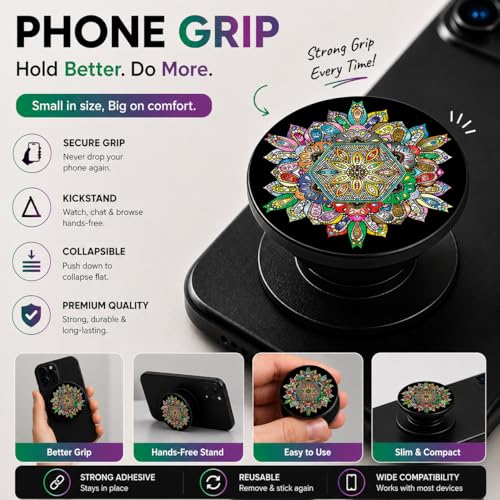 Image of Phone Case Holder | Expanding Kickstand, Mobile Phone Hold Grip for iPhone, Samsung, OnePlus & All Smartphones - Mandala (Multicolor)