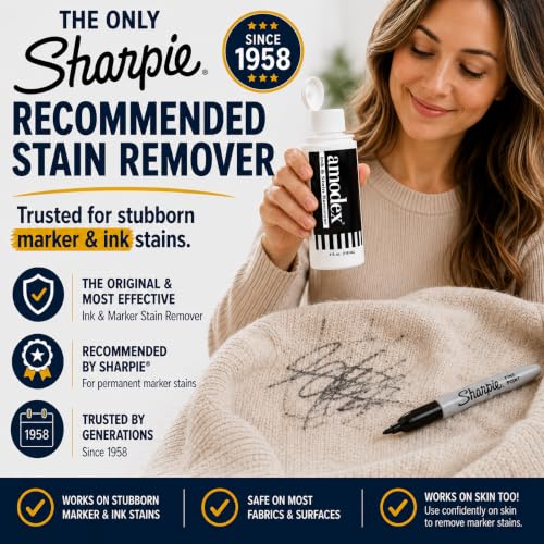 Image of Amodex Ink & Stain Remover for Clothes, Leather and Skin - Removes Ink, Ballpoint, Sharpie, Grease and More, Works on Set-in Stains, Gentle but Powerful, 4oz /120ml Bottle (Pack of 2)