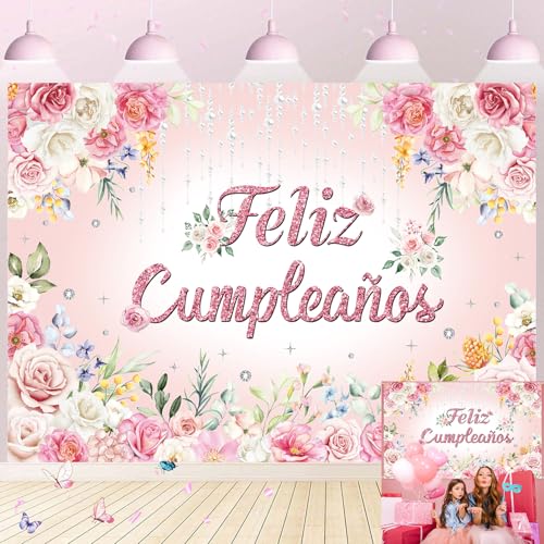 Feliz cumpleaos Backdrop Pink Floral Glitter Happy Birthday Photography Background Women Girl Birthday Party Decorations Banner Photo Props (7x5FT)