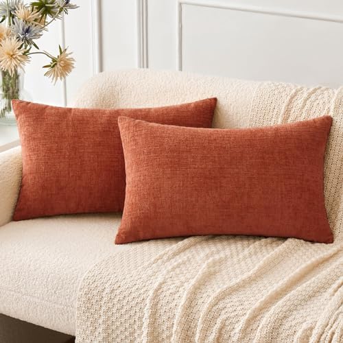 Image of MIULEE Pack of 2 Couch Throw Pillow Covers 12x20 Inch Soft Burnt Orange Chenille Lumbar Pillow Covers for Sofa Living Room Fall Home Decor Solid Dyed Cases