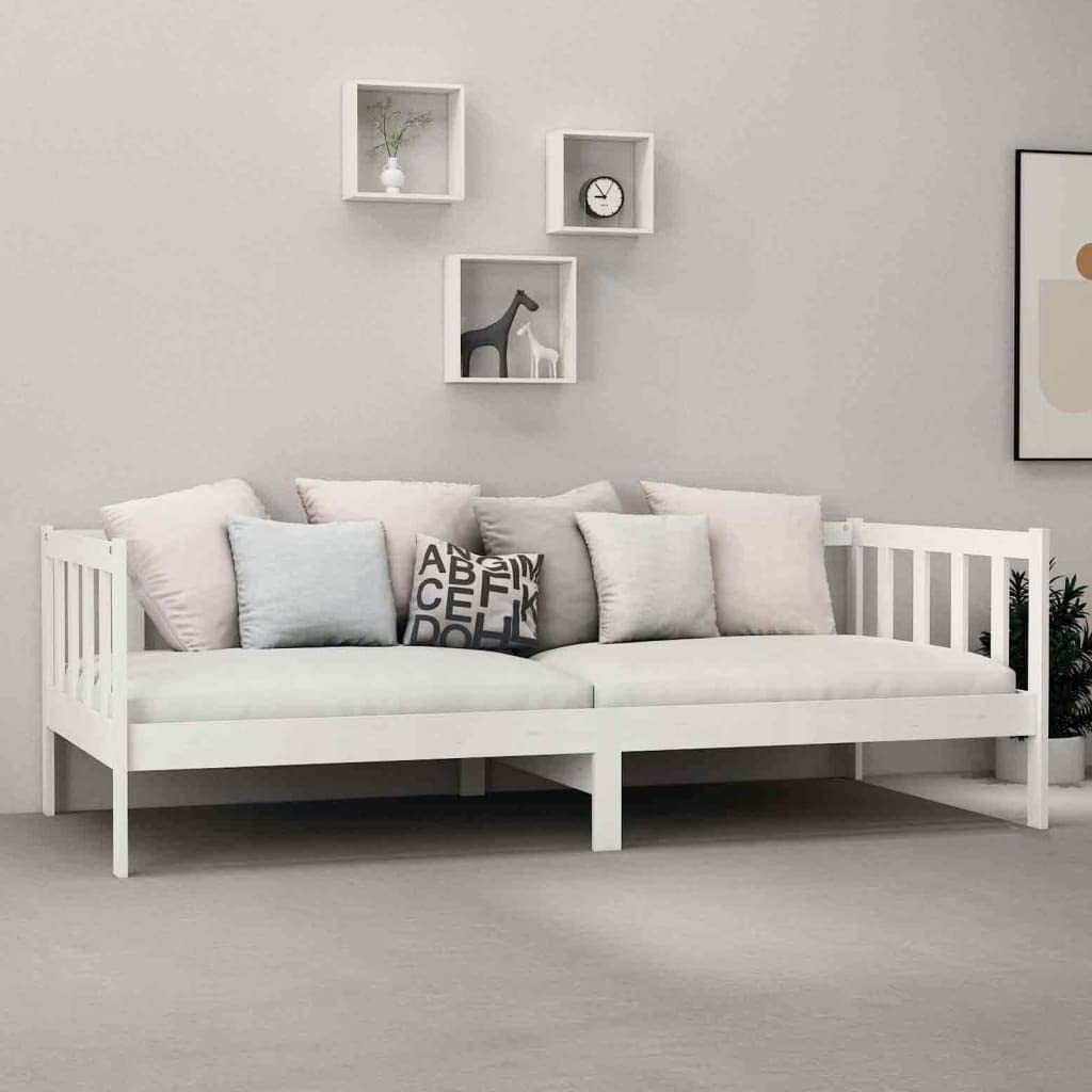 Cama de día con colchón de 90 x 200 cm, sofá cama de pino macizo, cama de invitados multifuncional para dormitorio y sala de estar, somier de láminas resistente, color blanco