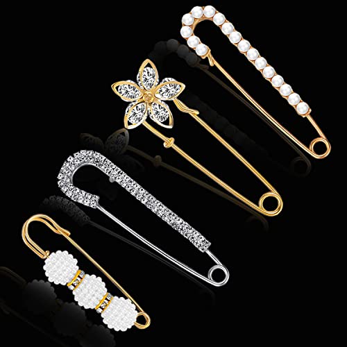 Image of 50 Pcs Faux Pearl Rhinestones Brooches Pins Sweater Shawl Clips Shawl Collar Shirt Pins Vintage Shirt Clips Collar Safety Pin for Women Girls Clothing Dresses