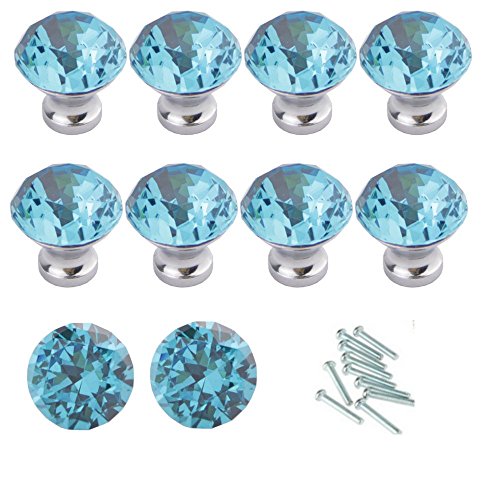 HOSL 10PCS Diamond Shape Crystal Glass Cabinet Knob Cupboard Drawer Pull Handle/Great for Cupboard, Kitchen and Bathroom Cabinets, Shutters (30mm Lake Blue)