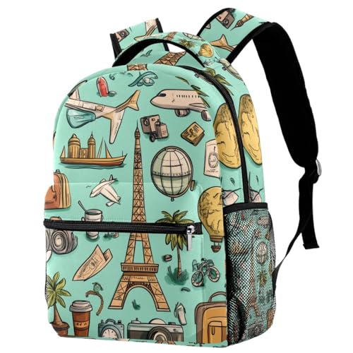 Sac à dos rétro avec porte-bouteille et autocollants de bâtiments du monde