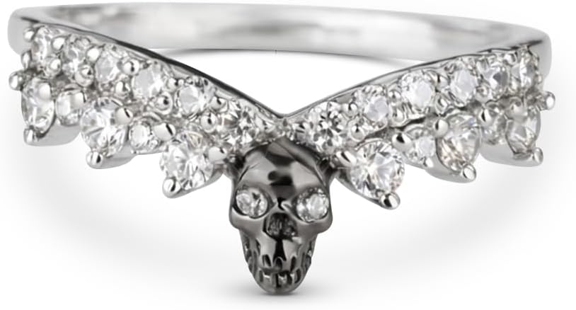 925 Sterling Silver Two Tone Skull Ring for Women Gothic Engagement Rings Enhancers Round 0.40CT AAA Cubic Zirconia Curved Wedding Band Size 3-10