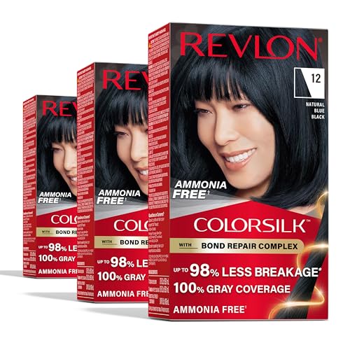Revlon ColorSilk with Bond Repair Complex, Black Permanent Hair Color, 100% Gray Coverage, Ammonia Free Hair Dye, Vegan Keratin, 12 Natural Blue Black (Pack of 3)