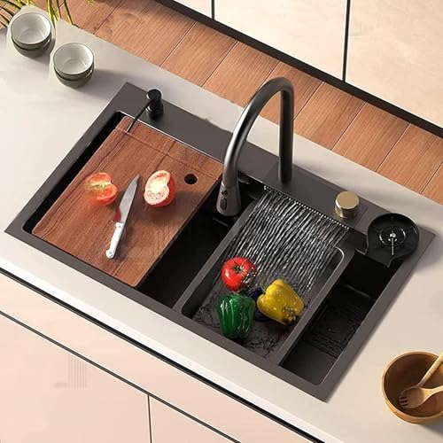 Image of CROCODILE Nano Black Single Bowl Smart Kitchen Sink, 304-Grade Stainless Steel, 30x18x9 inches, Matt Black Finish, with Integrated Waterfall, Cup Washer, Drain Basket, RO Tap and Pull Out Faucet