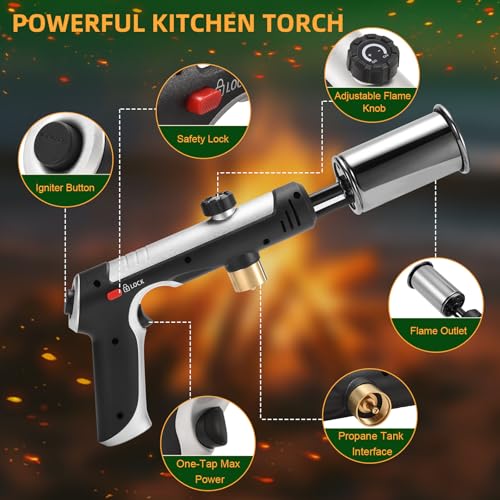 Image of Powerful Propane Torch with One-Touch Max Fire, Adjustable Kitchen Torch with Safety Lock, Flamethrower, Blow Torch Gun for Grill, BBQ, Sous Vide, Campfire Starter (Tank Not Included)