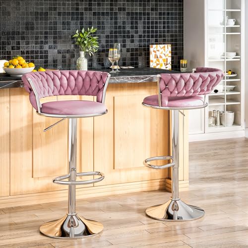 Image of Lamerge Velvet Bar Stools Set of 2,Swivel Bar Chairs Counter Adjustable Height Barstools with Back & Footrest,Upholstered Kitchen Island Chairs for Pub(2PCS Pink)