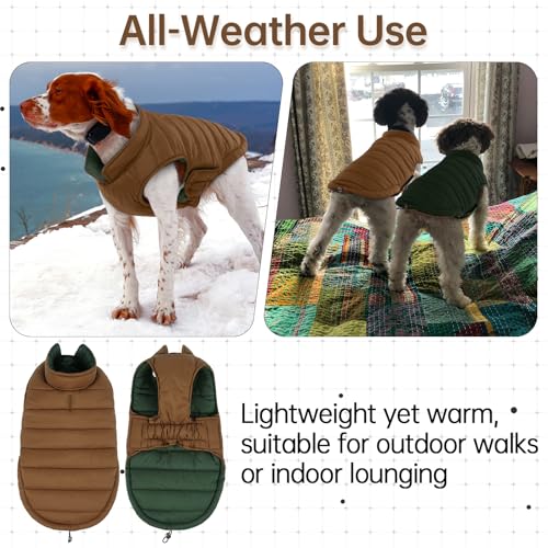Image of Lelepet Reversible Dog Coat Windproof Dog Jacket Lightweight Puffer Vest | Winter Jacket Warm Cold Weather Coat for Medium Dogs Adjustbale Hook & Loop Pet Apparel with Leash Hole, Pug, Brown, M