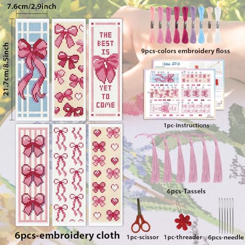 Image of ACRNIGHEET 6PCS Cross Stitch Bookmark Kit for Beginner Cute Pink Bow Stamped Cross Stitch Kits Needlepoint Kit for Adults DIY Tassel Embroidery Bookmark Kits with Instructions Craft Gift 8.5 inchx3 inch 11CT