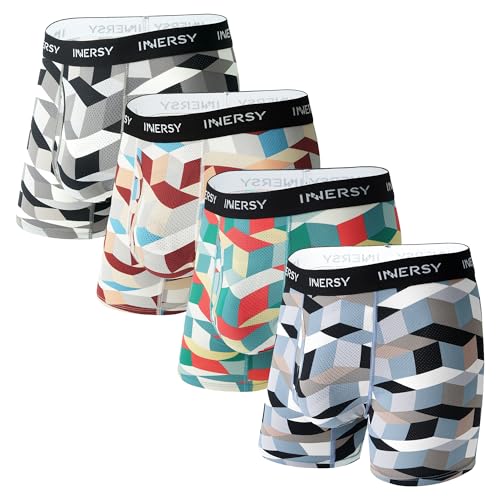 INNERSY Men's Breathable Mesh Boxer Briefs Cooling Moisture Wicking Underwear 4-Pack(Geometrical...