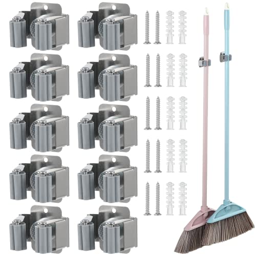 JUSTDOLIFE Soporte de pared para fregona y escoba, 10 paquetes de soportes para escobas con accesorios de montaje, gancho para mopa de acero inoxidable resistente, soporte de pared para baño Cover