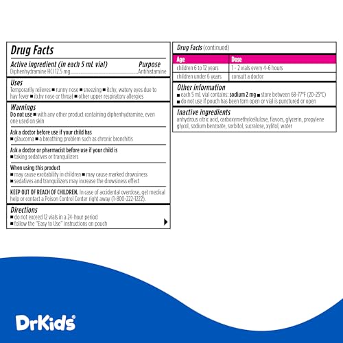 Image of Dr. Kids Children's Allergy Relief Medicine with Diphenhydramine HCl 12.5 mg - Pre-Measured Single-Use Vials, Kids Antihistamine for Sneezing, Runny Nose & Itchy Eyes, Mixed Berry Flavor, 30 Count