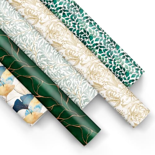 PAW - Geschenkpapier 200x70cm - 5 Rollen | Mix aus 5 Motiven | Elegante Papierrolle für Geburtstage Hochzeiten Babypartys Partys und Geschenke - Elegantes Grün
