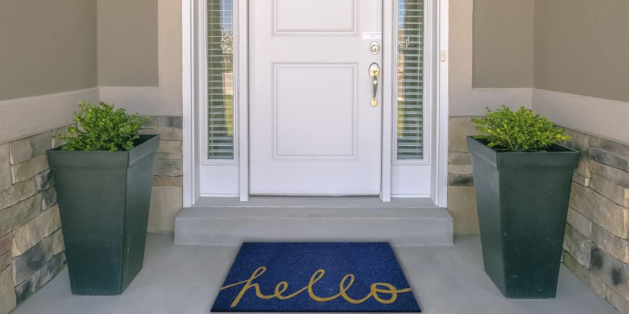 MSI Blue Hello Coir Doormat 22 inch x 36 Inch Heavy Duty Mat, Indoor and Outdoor Doormat, Water Resistant, Easy Clean Mats for Entry, Garage, Patio, High Traffic Areas, Blue - Beige