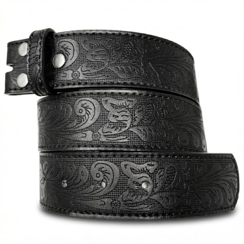 BC Belts Western Leather Belt Strap - 1.5” Wide with Embossed Scrollwork Without Buckle for Men & Women, Cowboy/Cowgirl Style