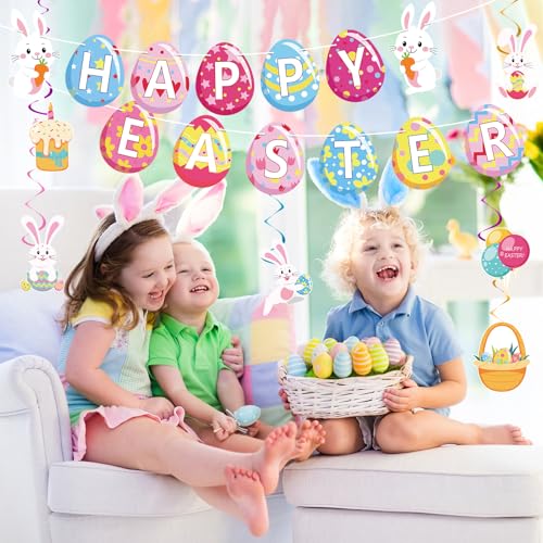 Image of Hooqict Happy Easter Banner Decorations with 15Pcs Bunny Egg Chick Hanging Swirl Ceiling Streamers for Spring Easter Day Birthday Party Decorations Home School Classroom Sunday Celebration