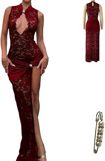 Sleeveless Lace Hollow Out Maxi Dress, High Slit Bodycon Dress