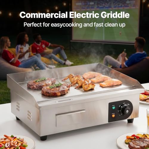 Image of VEVOR Commercial Electric Griddle, 22 inch, 1600W Countertop Flat Top Griddle, Stainless Steel Teppanyaki Grill w /Iron Cooking Plate, 122-572℉ Adjustable Temp Control 2 Shovels & Brushes, 110V