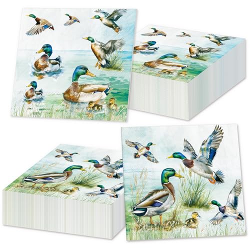 JarThenaAMCS 80Pcs Mallard Duck Paper Napkins Watercolor One Lucky Duck Napkins Disposable Luncheon Dinner Napkin for Fall 1st Birthday Ducks Hunter Baby Shower Party Supplies