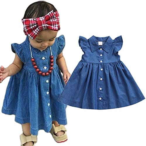 Kid Girl Denim Dress Toddler Girl Lapel Flutter Sleeves Button Down A-line Shirt Dress