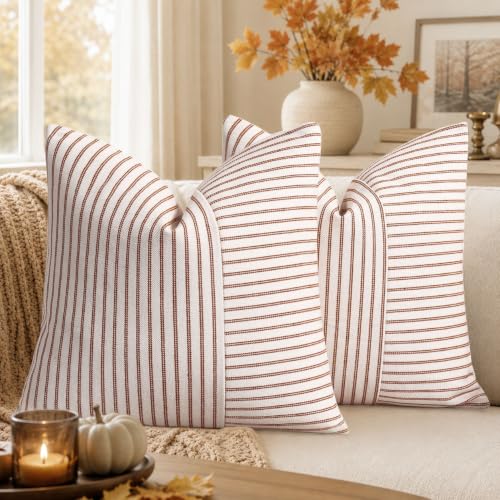 YCOLL Farmhouse Fall Pillow Covers 20x20, Modern Accent Square Throw Pillow Covers Set of 2, Rust and Beige Striped Patchwork Linen Decorative Cushion Covers for Couch Chair Bedroom Fall Decorations