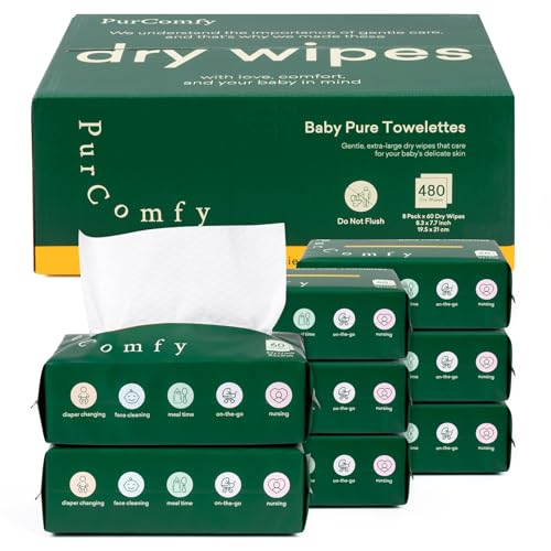 PurComfy Baby Dry Wipes for Newborn, 8 Pack Plant-Based & Hypoallergenic Disposable Cloths for Baby Diaper Changes, Meal Time & Runny Noses, Use Wet o