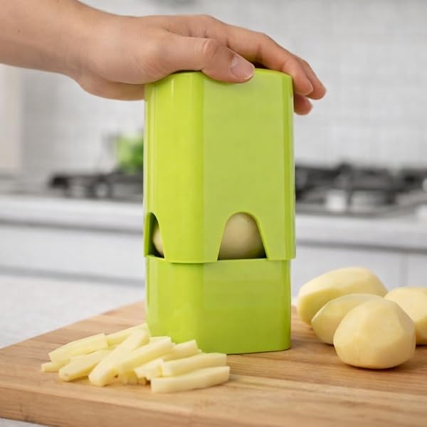 LS Kitchen - Manual Frie/Vegetable Cutter - Comes with 3 Cutting Racks - Potato Cutting Grace, Non-Slip Vegetable Cutter for Making Sticks - Stainless Steel and ABS - Green - 4